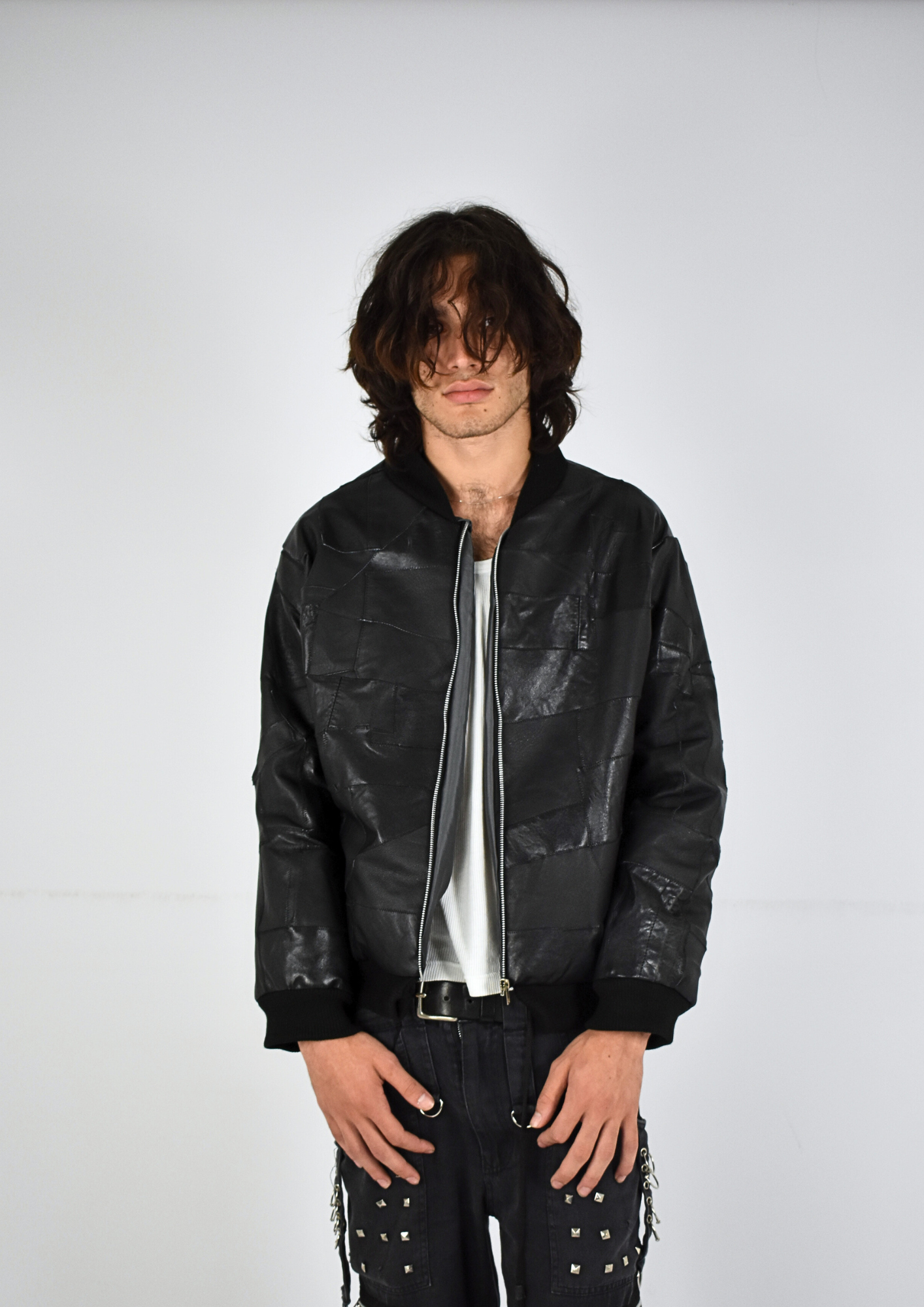 Reconstructed leather patchwork bomber jacket